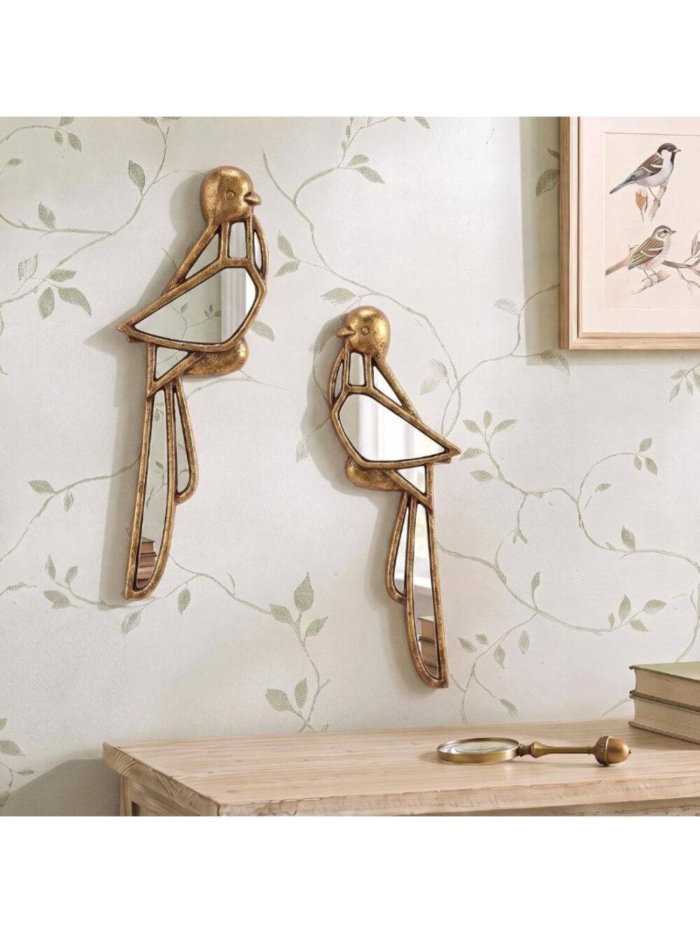 Tropical Bird Mirror Wall Decor - Vintage Gold Insect Art, Retro Hanging Garden